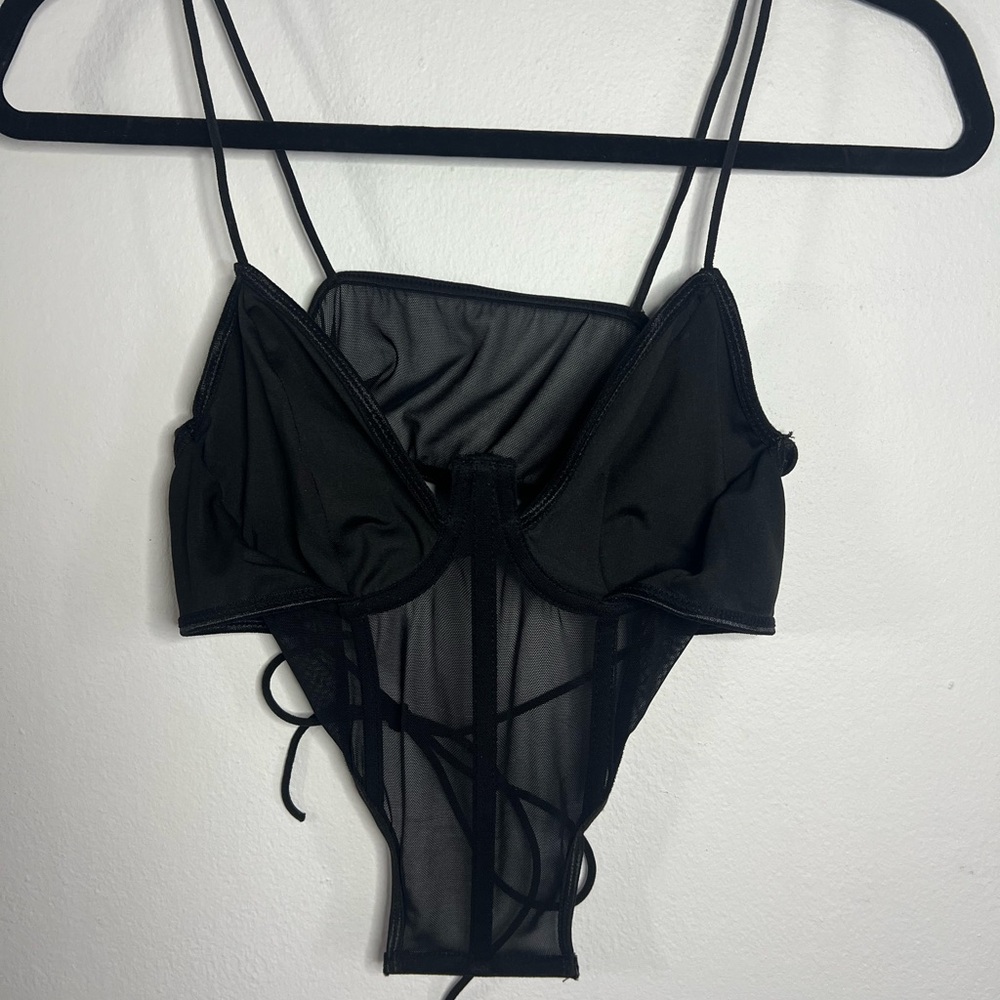 SHEIN Black Sheer Lace-Up Bodysuit